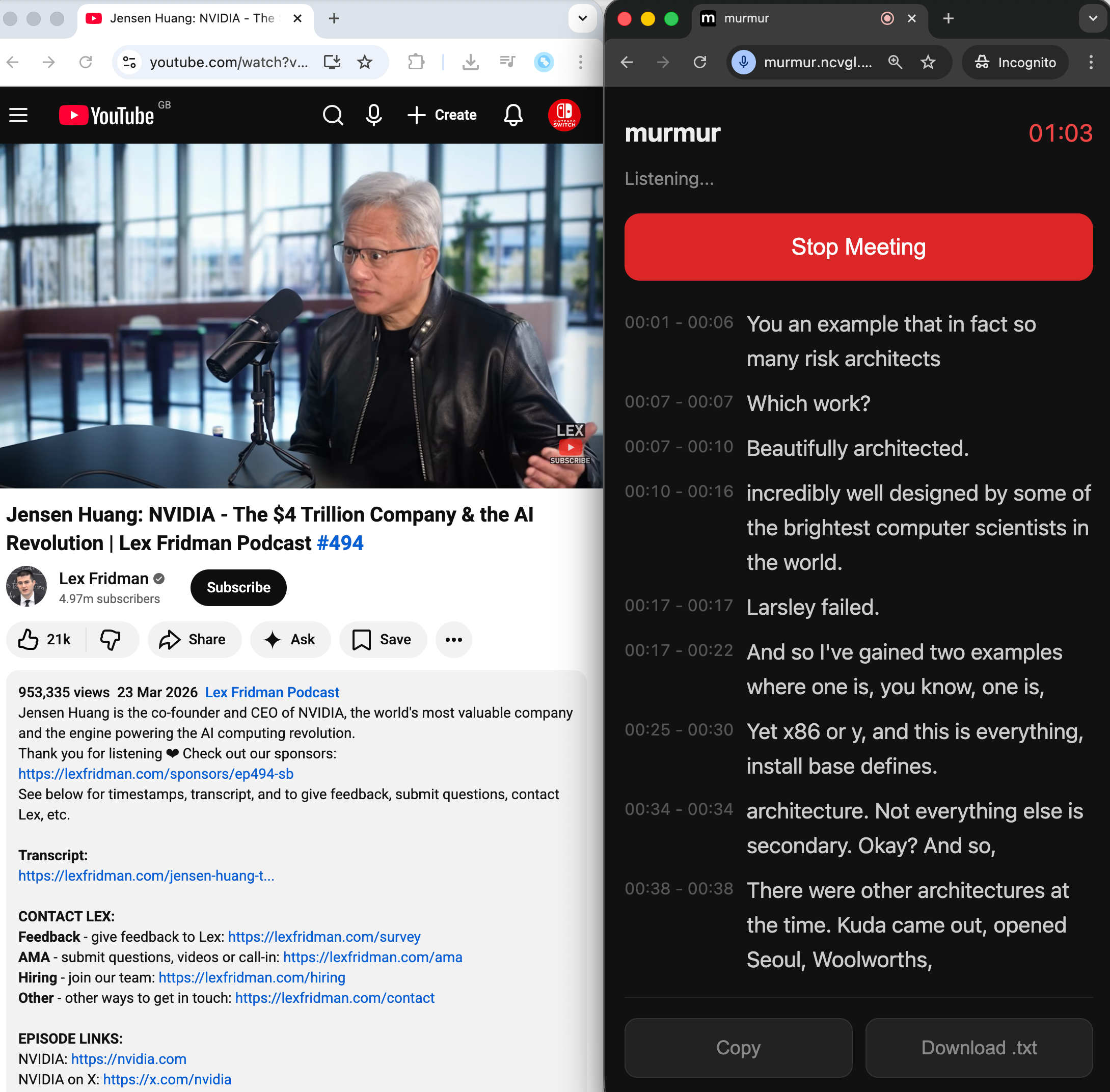 Murmur transcribing a YouTube podcast in real-time