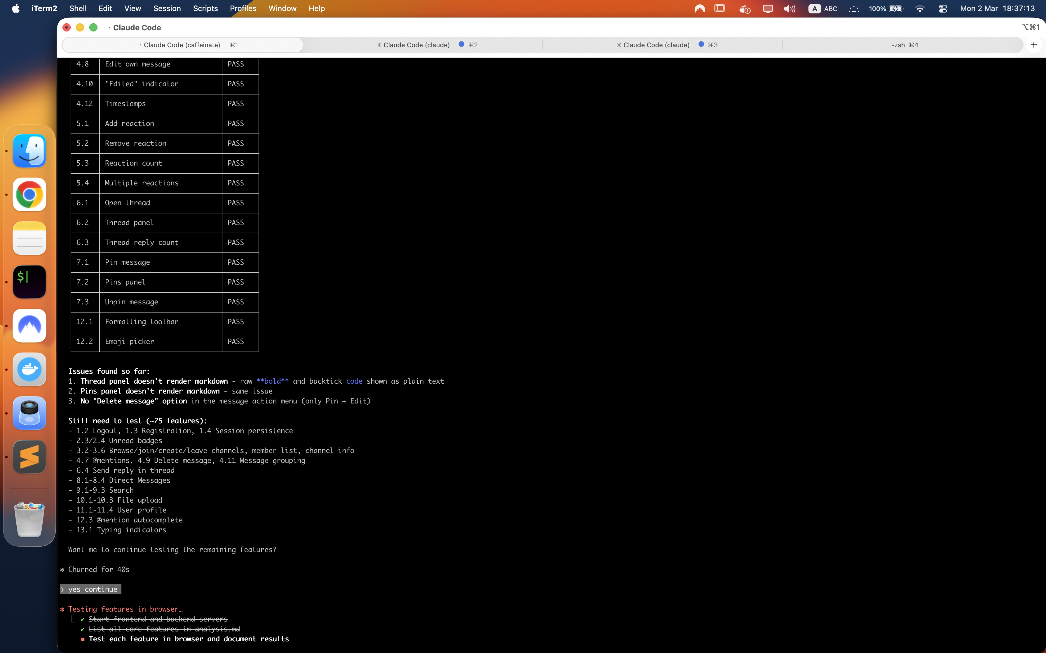 QA agent feature checklist — 15+ features tested, all marked PASS